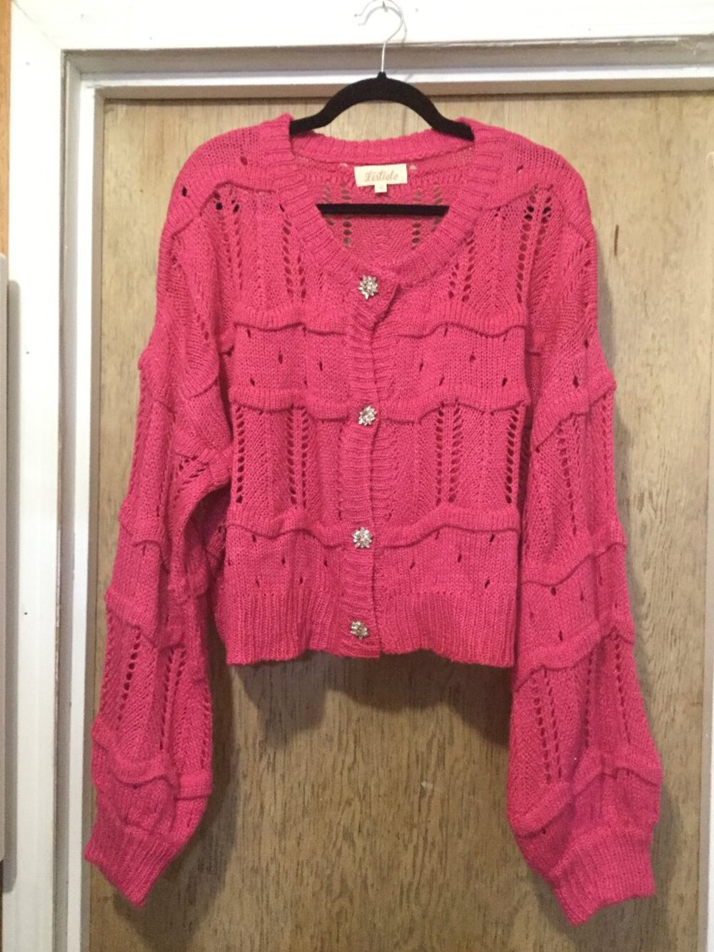 Listicle pink open knit cardigan sweater has beautiful rhinestone button size L